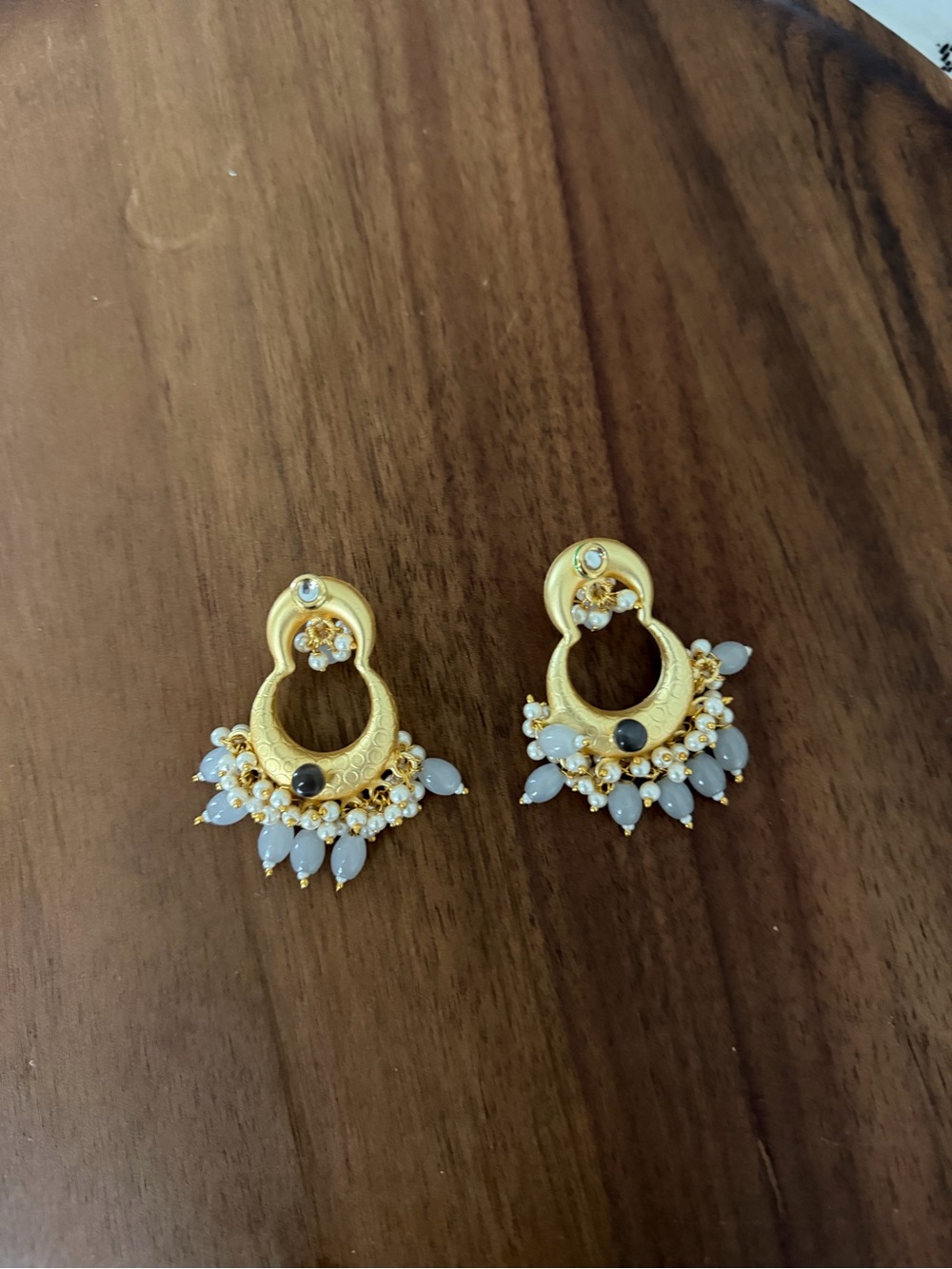 Gold-Tone Chandbali Drop Earrings with White Bead Accents